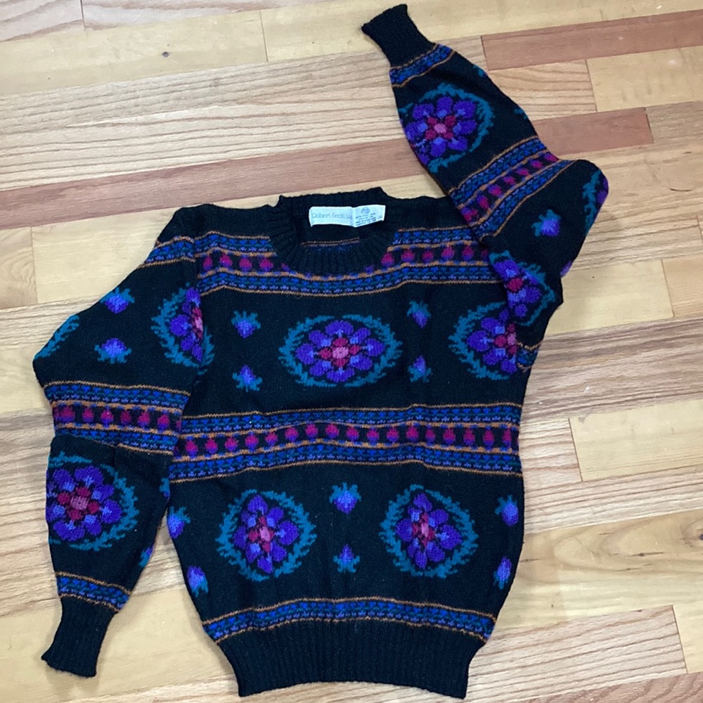 Robert Scott Ltd, 100% Wool Crew Pullover Black & Rich Floral Pattern,Size 34.